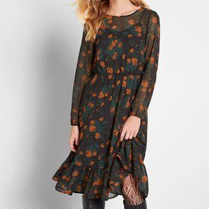 Modcloth Floral Chiffon Occasion Midi Black Dress
